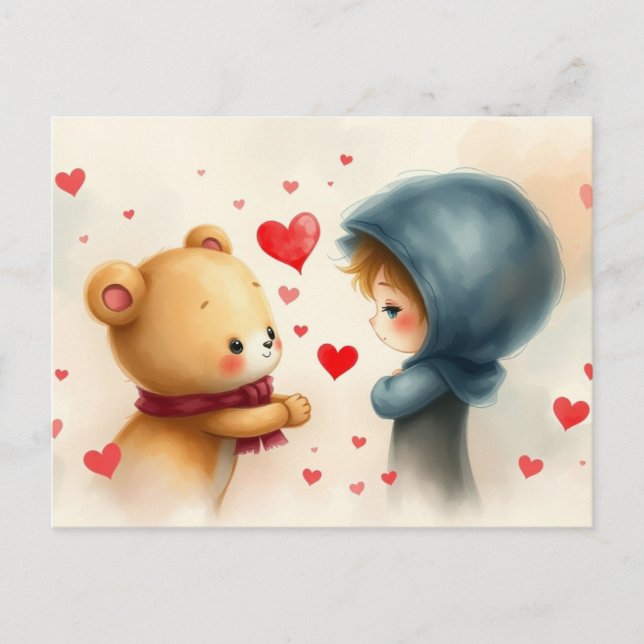 Postal Festiva El día de San Valentín Teddy Bear y Niña (Anverso)