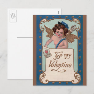 Postal Festiva El día de San Valentín vintage, Cherub con letras 