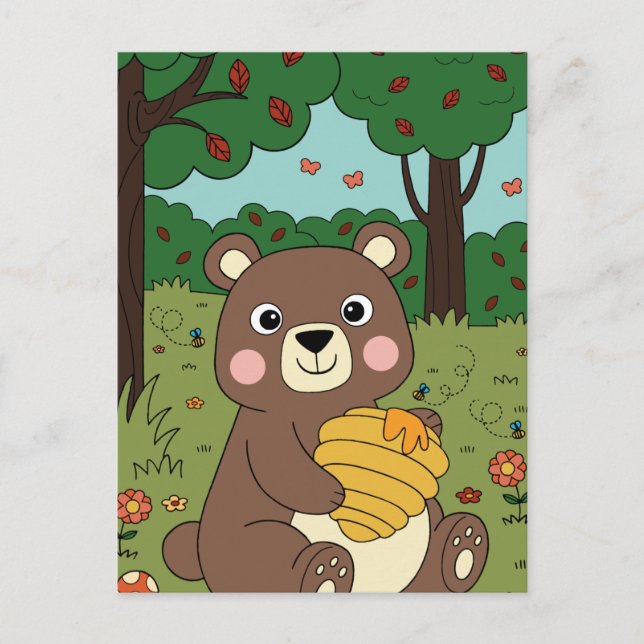 Postal Festiva El extraño oso bebé forestal con Honey Jar (Anverso)