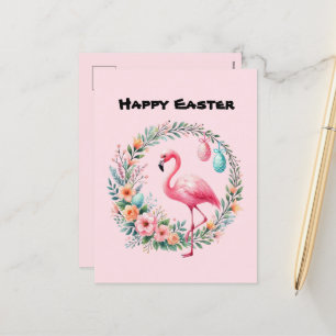 Postal Festiva El flamingo rosa de Cute Happy Easter agrega mensa