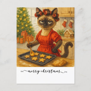 Postal Festiva El gato está cocinando galletas para un gato siamé
