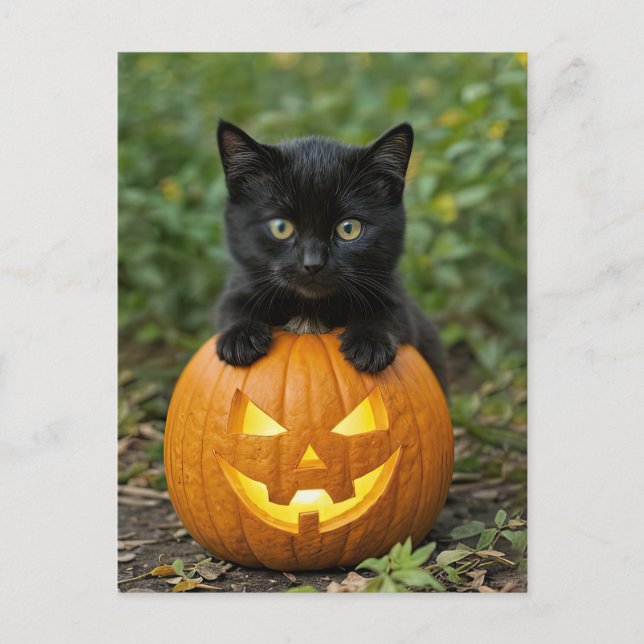 Postal Festiva El gato y Jack O Lantern de Halloween (Anverso)