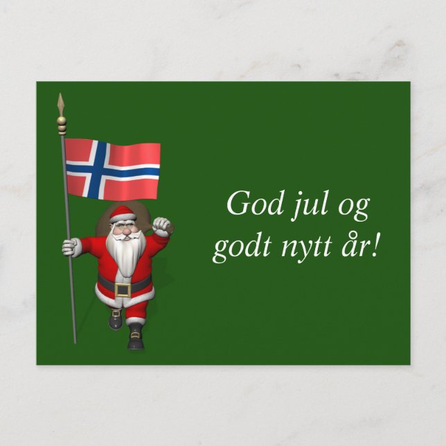 Postal Festiva El gracioso Papá Noel Con Bandera De Noruega (Anverso)
