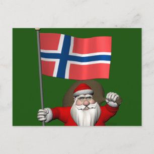 Postal Festiva El gracioso Papá Noel Con Bandera De Noruega