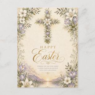 Postal Festiva Él ha resucitado Pascua, Cruz floral elegante cris