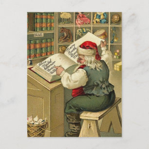 Postal Festiva El Ilustracion de Vintage Santa con su libro V2