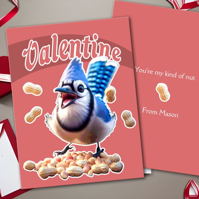 Postal Festiva El Jay Peanuts Azul Funny Crazy Kids School Valent (Funny Blue Jay Peanuts Valentine card, funny animal postcard for kids classroom exchange. Crazy bird)