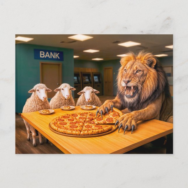 Postal Festiva El león se lleva la mayor parte de la pizza (Anverso)