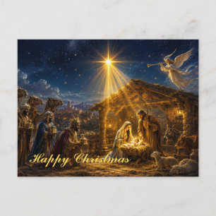 Postal Festiva El Nacimiento con los Magos trayendo regalos