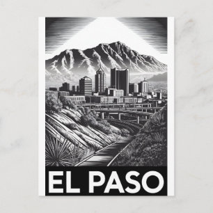 Postal Festiva El Paso Texas horizonte urbano grabado en madera b