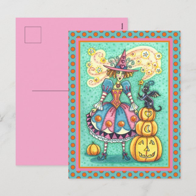 POSTAL FESTIVA EL TESTIGO DE FIESTA ROSA ES MÁGICO HALLOWEB, GATO (Anverso / Reverso)