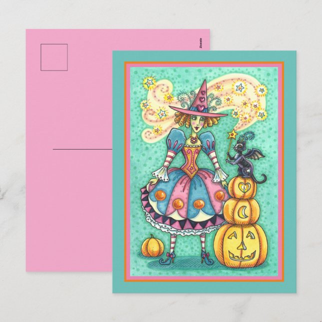 POSTAL FESTIVA EL TESTIGO DE FIESTA ROSA ES MÁGICO HALLOWEB, GATO (Anverso / Reverso)
