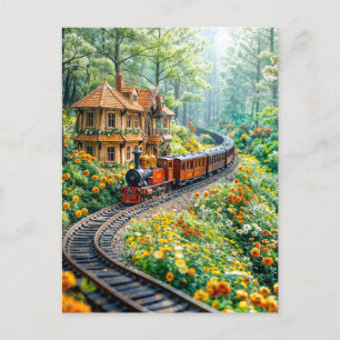 Postal Festiva El tren en miniatura serpentea a través de las col
