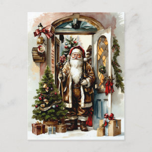 Postal Festiva El viejo Papá Noel en la puerta