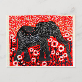 Postal Festiva Elefante abstracto colorido con flores rojas