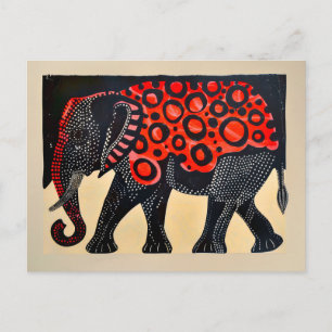 Postal Festiva Elefante abstracto con grandes círculos rojos
