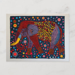Postal Festiva Elefante abstracto rojo azul con flores puntos