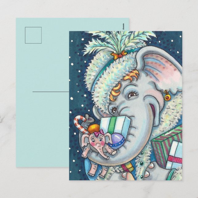 POSTAL FESTIVA ELEFANTE DE NAVIDAD, TROMPA LLENA DE REGALOS Y BUE (Anverso / Reverso)