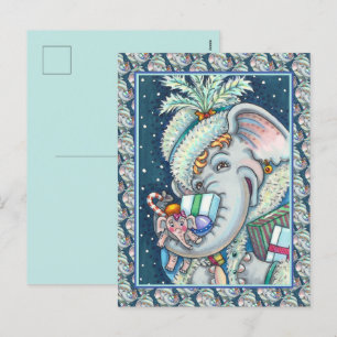 POSTAL FESTIVA ELEFANTE DE NAVIDAD, TROMPA LLENA DE REGALOS Y BUE