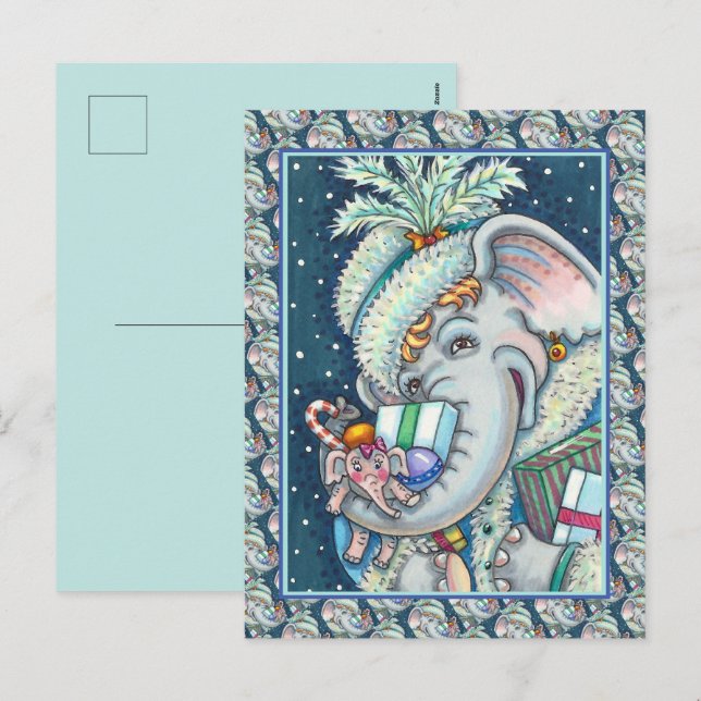 POSTAL FESTIVA ELEFANTE DE NAVIDAD, TROMPA LLENA DE REGALOS Y BUE (Anverso / Reverso)