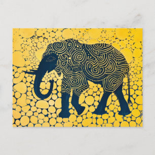 Postal Festiva Elefante negro y amarillo sobre el abeto