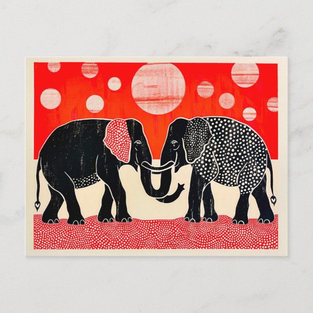 Postal Festiva Elefantes negros con lunas rojas (Anverso)