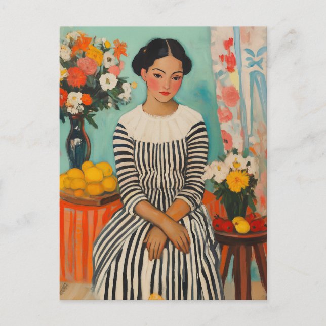 Postal Festiva Elegancia a rayas con flores (Anverso)
