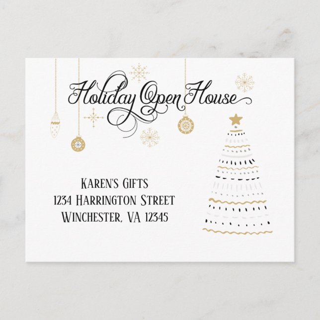 Postal Festiva Elegant Black and Gold Holiday Open House | (Anverso)
