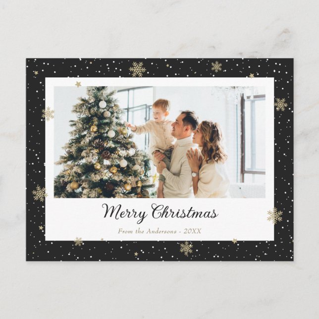 Postal Festiva Elegant Black Snowflake Photo Christmas (Anverso)