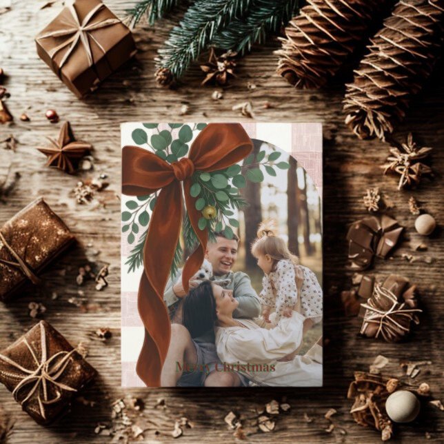 Postal Festiva Elegant Bow Rustic Gingham Merry Christmas Photo  (Subido por el creador)