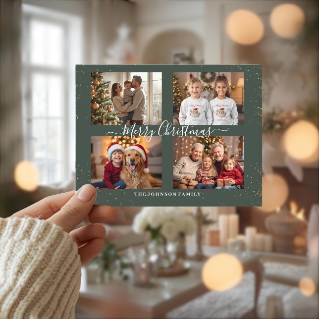 Postal Festiva Elegant Four Photo Christmas Card (Subido por el creador)