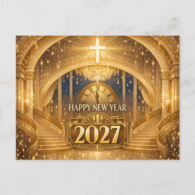 Postal Festiva Elegant Gold Christian Happy New Year 2027 (Anverso)