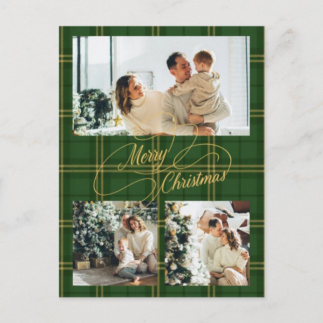 Postal Festiva Elegant Green Tartan Family Photo Christmas Card (Anverso)