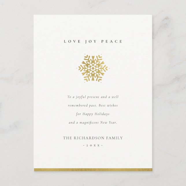 Postal Festiva Elegant Minimal Faux Gold Snowflake Love Joy Peace (Anverso)