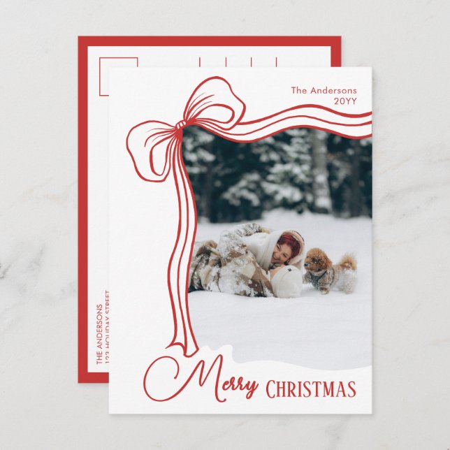 Postal Festiva Elegant Minimal Hand Drawn Red Bow Christmas (Anverso / Reverso)
