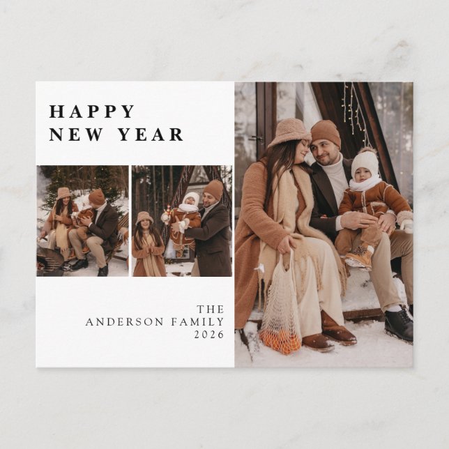 Postal Festiva Elegant Minimal New Year Cheers Family 3 Photo (Anverso)