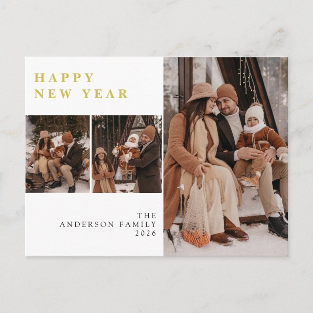 Postal Festiva Elegant Minimal New Year Cheers Family 3 Photo (Anverso)