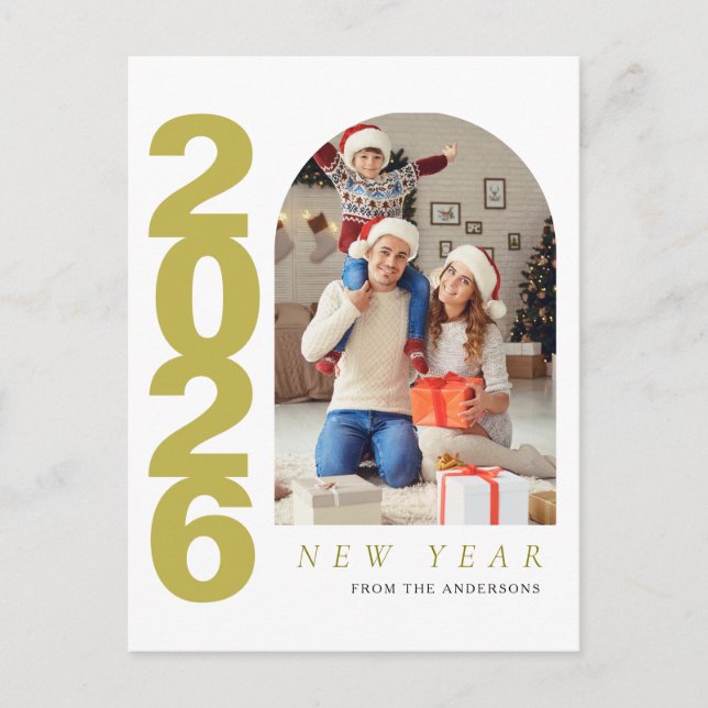 Postal Festiva Elegant Minimalist Happy New Year Family Photo (Anverso)