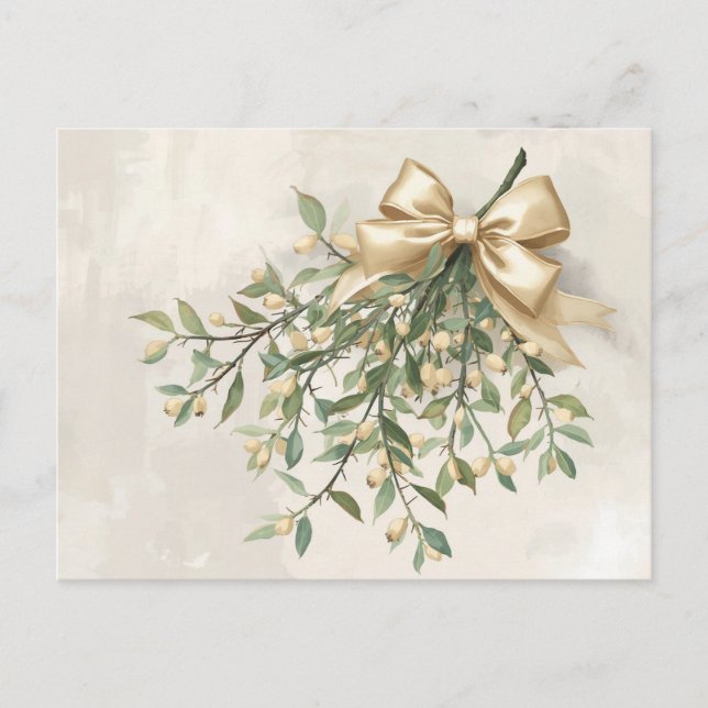 Postal Festiva Elegant Watercolor Mistletoe and Gold Bow (Anverso)