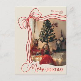 Postal Festiva Elegant Whimsical Hand Drawn Red Bow Christmas
