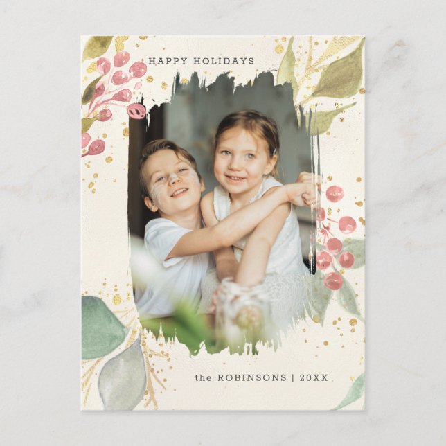 Postal Festiva Elegante acuarela Berries y GreenPhoto (Anverso)