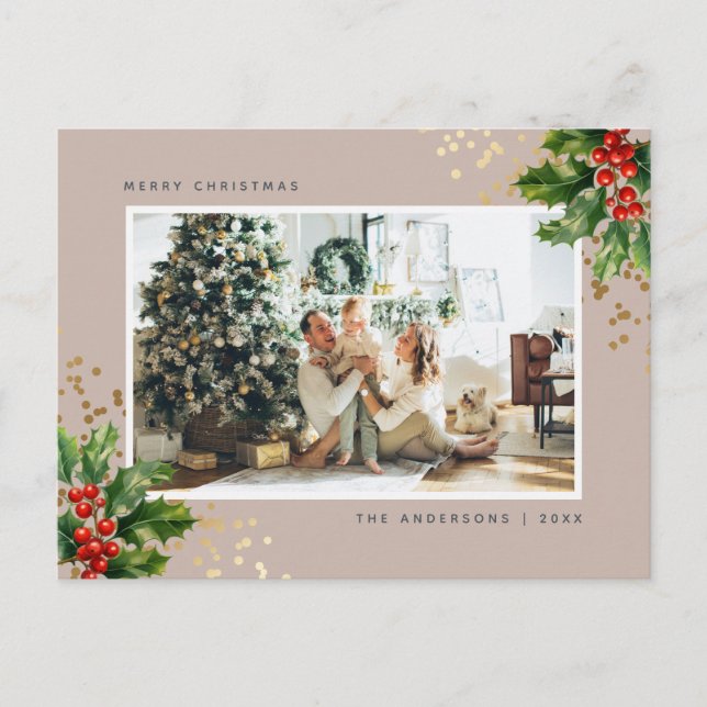 Postal Festiva Elegante acuarela Holly Berries Foto (Anverso)