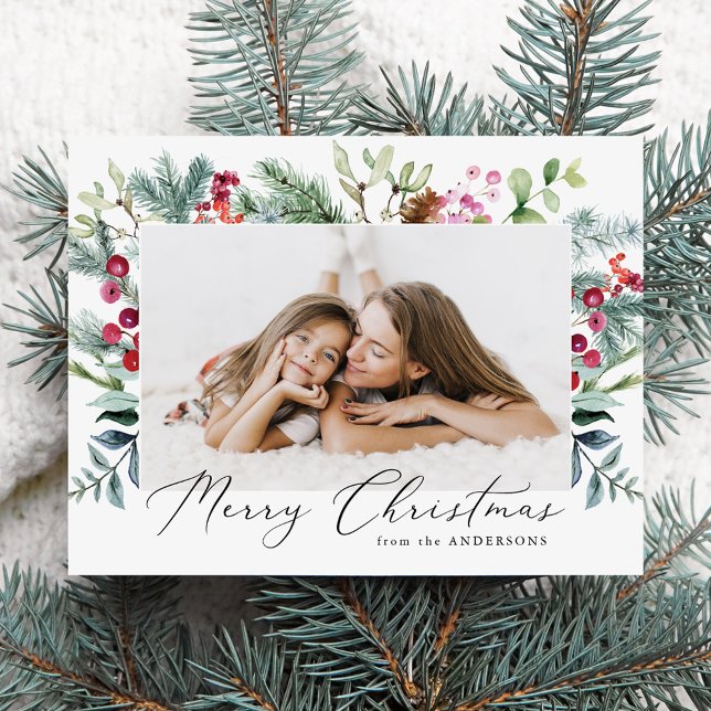 Postal Festiva Elegante acuarela Holly Berries y Green Photo (Subido por el creador)