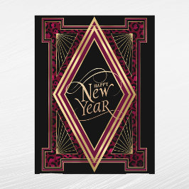Postal Festiva Elegante Año Nuevo Art Déco Burgundy Dorado