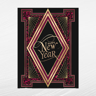 Postal Festiva Elegante Año Nuevo Art Déco Burgundy Dorado