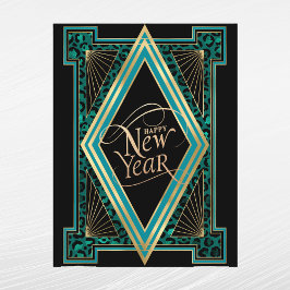 Postal Festiva Elegante Año Nuevo Art Déco Verde Teal y Dorado