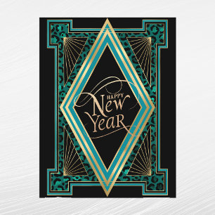 Postal Festiva Elegante Año Nuevo Art Déco Verde Teal y Dorado
