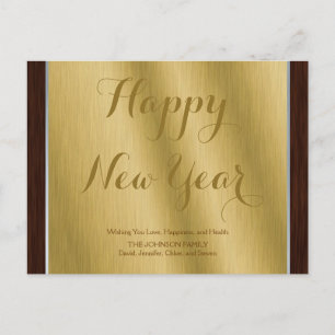 Postal Festiva Elegante Año Nuevo Personalizado en Oro y Madera O