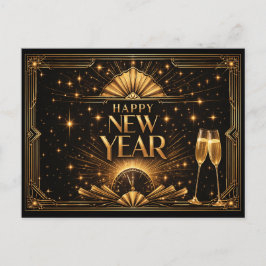 Postal Festiva Elegante Arte Deco Feliz Año Nuevo en Oro