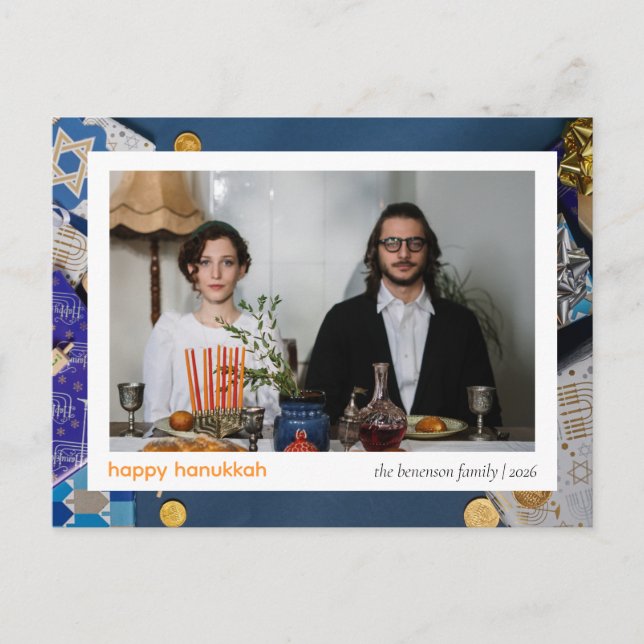 Postal Festiva Elegante Azul Feliz Hanukkah Familia 1 Foto (Anverso)